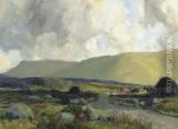 Landscape With Peat Stacks And Turf Cutters Oil Painting - James Humbert Craig