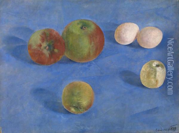 Still Life. Apples And Eggs Oil Painting - Kuzma Sergievitch Petrov-Vodkin