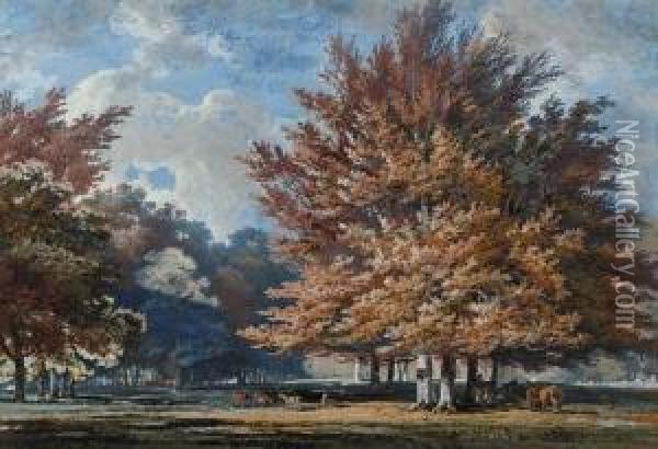 Deer And Horses Beneath Trees In A Parkland Oil Painting - George Cuitt