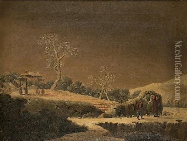 The Anchorage At Whampoa By Moonlight; Chinese Figures In A Winter Landscape, A Pair Oil Painting - Fatqua