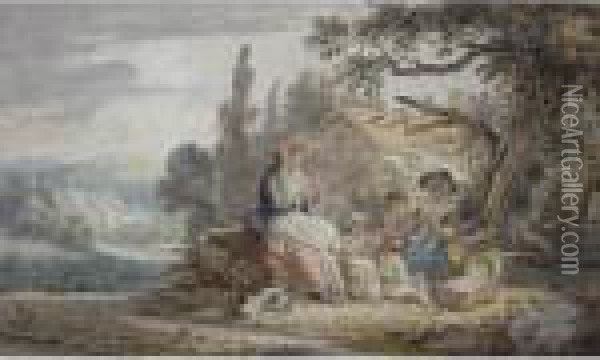Open Landscape In Wales With Women And Children By A Cottage Oil Painting - Paul Sandby