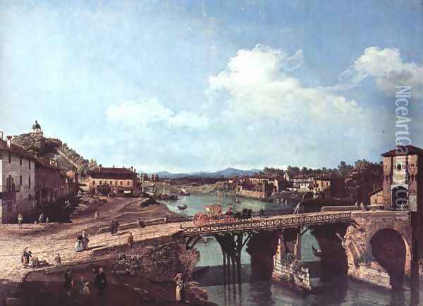 Turin, view from the northeast to the ancient bridge over the Po Oil Painting - Bernardo Bellotto