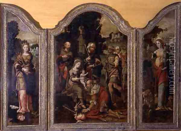 Triptych depicting the Adoration of the Magi and two saints Oil Painting - Pieter Coecke Van Aelst