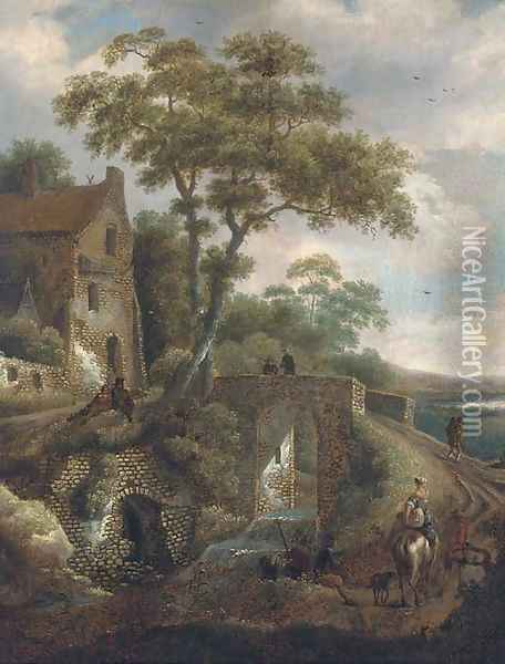 A wooded river landscape with travellers by a bridge Oil Painting - Michiel van Vries