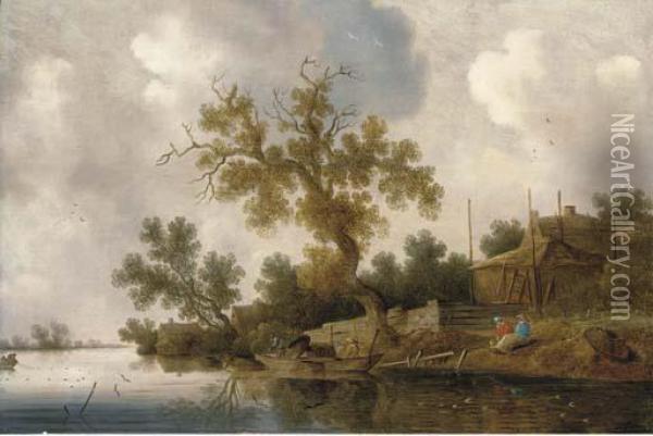 A Wooded River Landscape With Fishermen And Other Figures Oil Painting - Salomon van Ruysdael