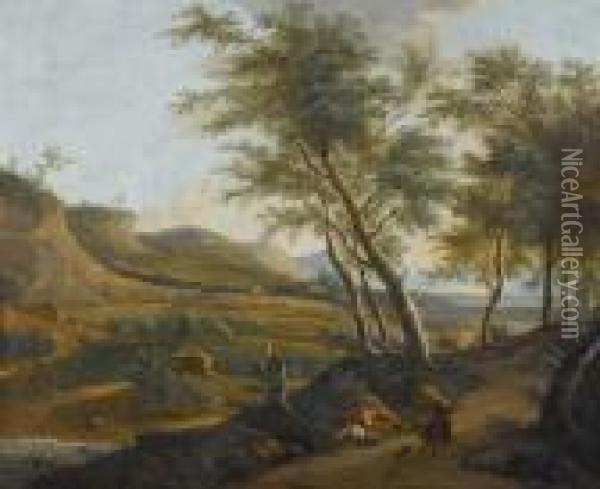 Broad Landscape With Two Riders In Theforeground Oil Painting - Frederick De Moucheron