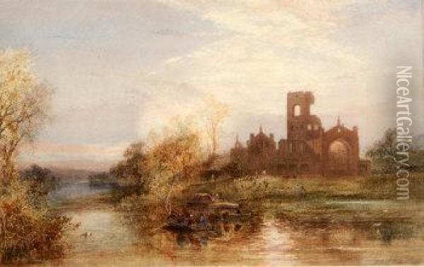 Kirkstall Abbey, Abbey Ruins And River Aire With Figures In Rowing Boats Oil Painting - Hubert Coutts