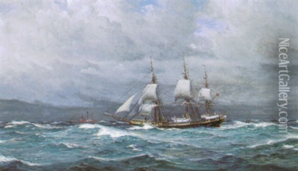 Marine Med Sejlskibe I Oprort Vand Oil Painting - Christian Benjamin Olsen