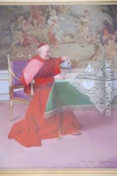 French The Cardinal Enjoying Arepast Oil On Board Signed Georges Croegaert Paris Oil Painting - Georges Croegaert