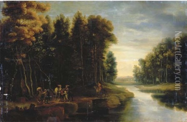 A Wooded River Landscape With Soldiers And Travellers On A Path Oil Painting - Jacques d' Arthois