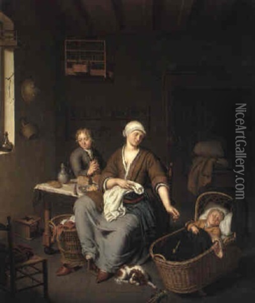 Woman With Two Children In An Interior Oil Painting - Willem van Mieris