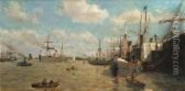 A Busy Harbour Oil Painting - Edmond Marie Petitjean