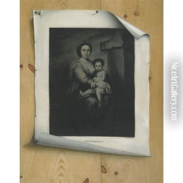 A Trompe L'oeil Still Life, With A Mezzotint Of The Madonna And Child After Murillo Oil Painting - Strickland Lowry