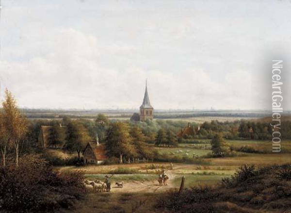 A Panoramic View Of A Valley With A Village In The Foreground Oil Painting - Anthony Andreas De Meijier