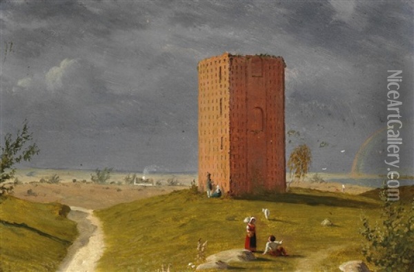Landscape With Tower And Rainbow, Probably From Osterlen In Sweden Oil Painting - Jorgen Roed