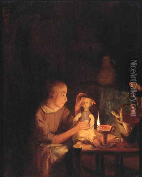 A young girl playing with her doll at a table, in an interior by candlelight Oil Painting - Godfried Schalcken