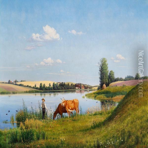 River Landscape Oil Painting - Hans Gabriel Friis