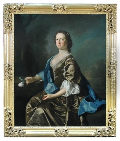 Portrait Of Mrs Ralph Freman, Three Quarter Length, Wearing A Mauve Dress, And Holding A Rose Oil Painting - Allan Ramsay
