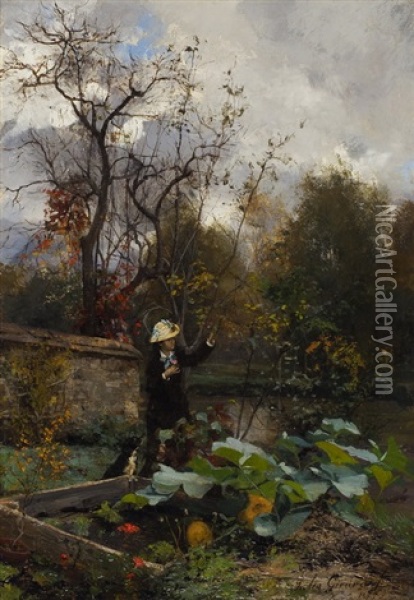 Elegante Dame In Einem Garten Oil Painting - Jules Girardet