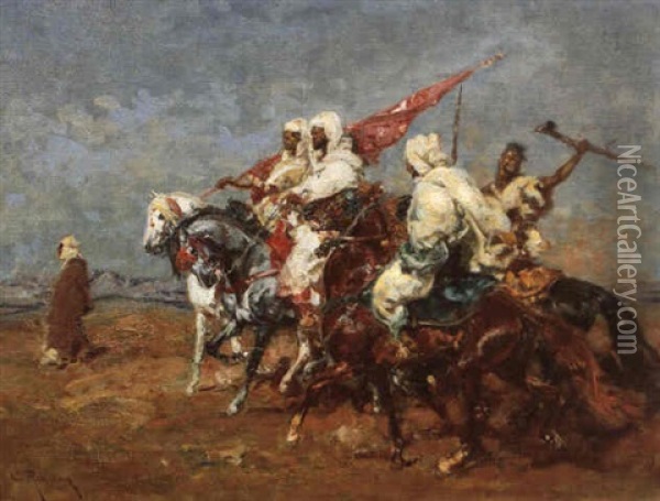 Les Cavaliers Au Drapeau Rouge Oil Painting - Henri Emilien Rousseau