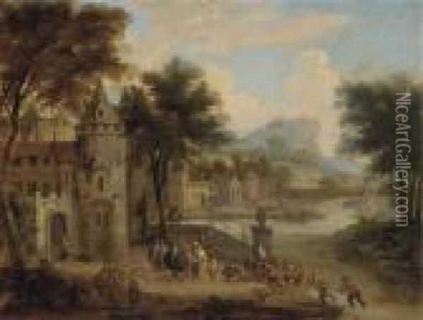 A River Landscape With A Fortified Town Oil Painting - Peeter Bout