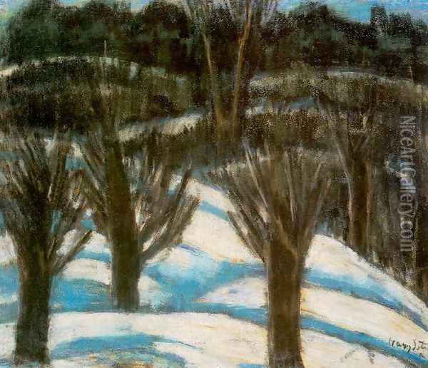 Snowy Landscape c. 1930 Oil Painting - Istvan Nagy