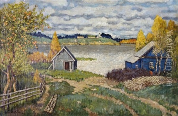 Landscape, Houses Near A Lake Oil Painting - Konstantin Ivanovich Gorbatov
