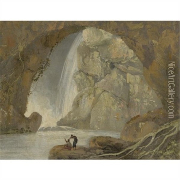 A Grotto With A Waterfall Oil Painting - Joseph Wright