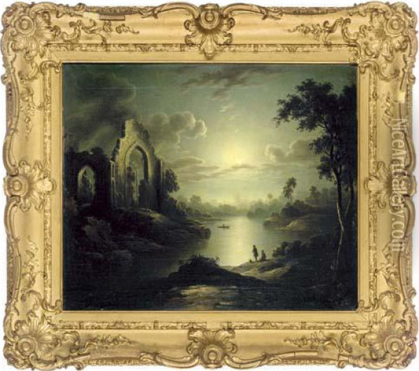 Figures In A Moonlit River Landscape, A Church Ruin Beyond Oil Painting - Henry Pether
