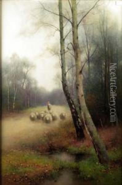 A Shepherd And Sheep In A Woodland Clearing Oil Painting - Benjamin D. Sigmund