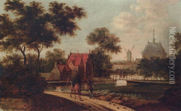 Travellers On A Track Before A Canal, A Mansion And Windmill Beyond Oil Painting - Johannes Dircksz Oudenrogge