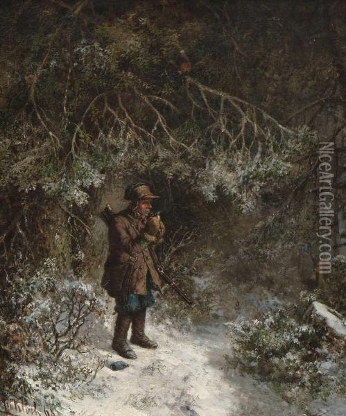 Pfeife Rauchender Jager Im Winterwald Oil Painting - Bernhard Froehlich