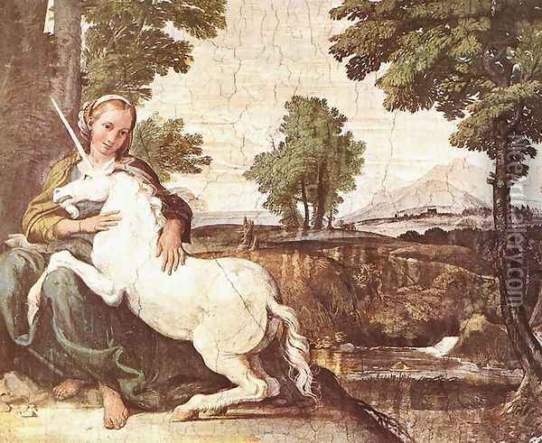 The Maiden and the Unicorn c. 1602 Oil Painting - Domenico Zampieri (Domenichino)