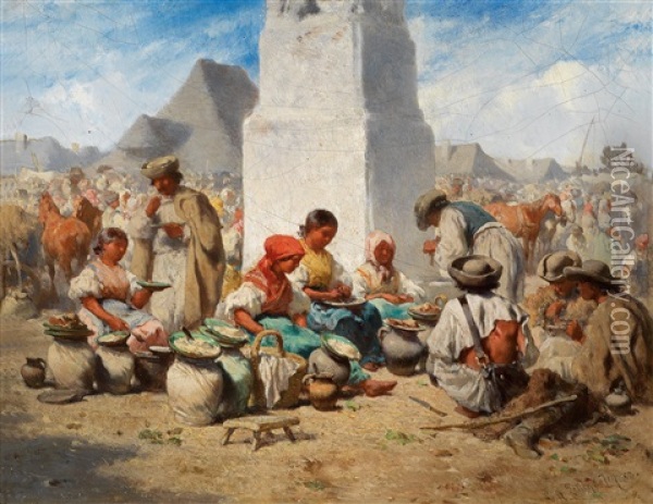 Markt In Szolnok Mit Der Dreifaltigkeitssaule Oil Painting - August Xaver Carl von Pettenkofen