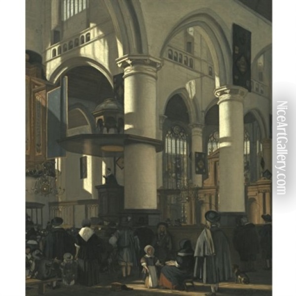The Interior Of The Oude Kerk In Delft (from The South Aisle To The Crossing, Towards The Noth-east, During The Preaching Of A Sermon) Oil Painting - Emanuel de Witte