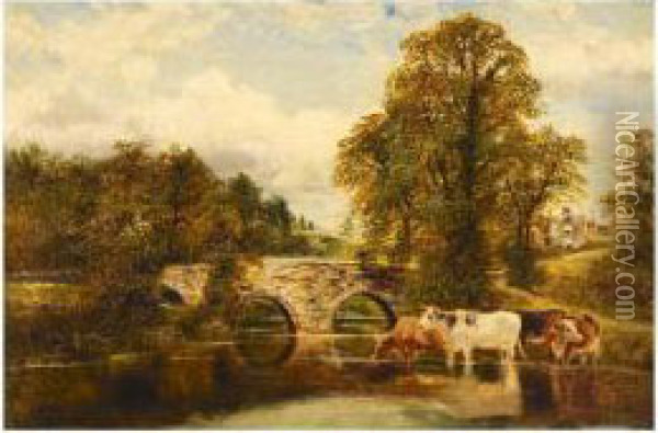 Cows Watering On The River Frome, Stapleton Oil Painting - William Vivian Tippet