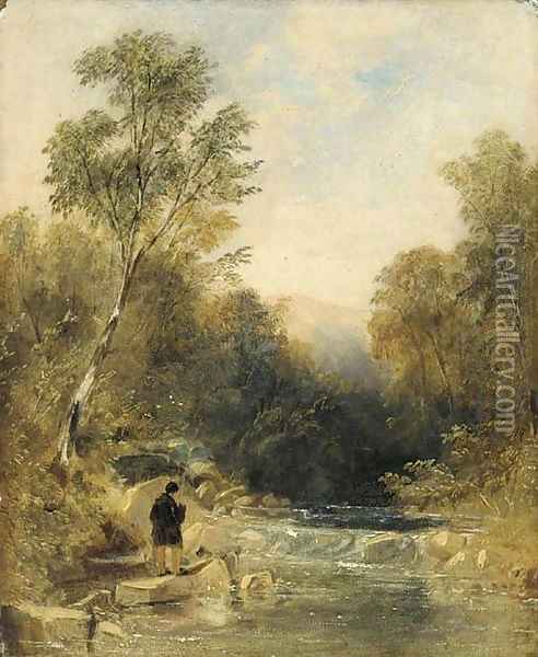 An angler on the bank of a rocky river Oil Painting - Thomas Creswick