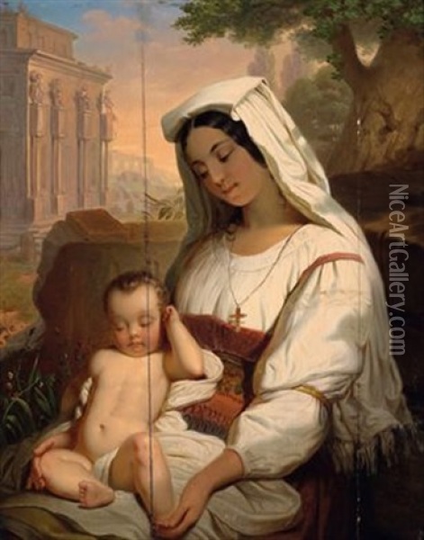 Romische Mutter Mit Kleinkind Vor Antiken Ruinen Oil Painting - Franz Russ the Elder