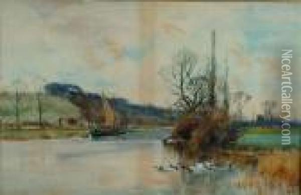 A River Landscape With Moored Sailing Vessel And Ducks In The Foreground Oil Painting - Henry Charles Fox