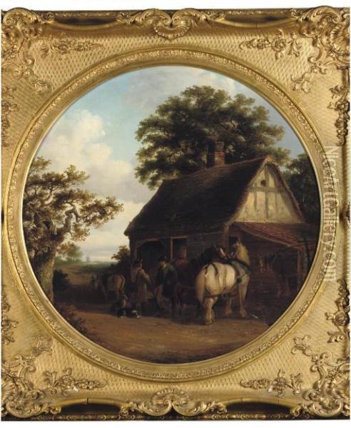 Farm Horses At An Inn Door Oil Painting - Thomas Smythe