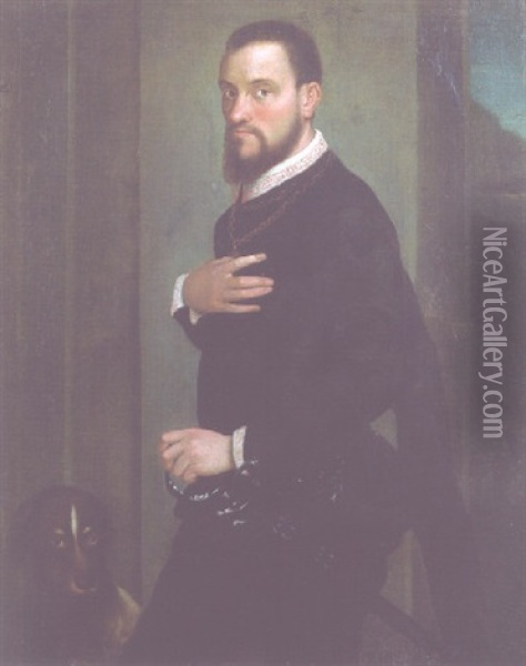 Portrait Of A Bearded Nobleman, Wearing Black Costume With Lace Chemise, Holding A Sword, His Dog By His Side Oil Painting - Giovanni Battista Moroni