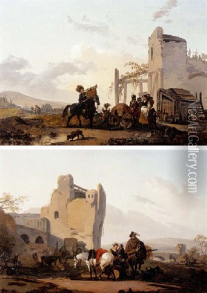 Une Halte De Cavaliers Devant Des Ruines Oil Painting - Claude Michel Hamon Duplessis