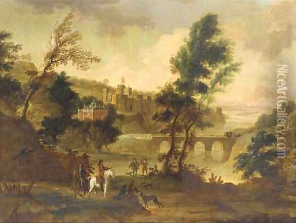 A hawking party resting in a landscape, a castle beyond Oil Painting - Isaac de Moucheron