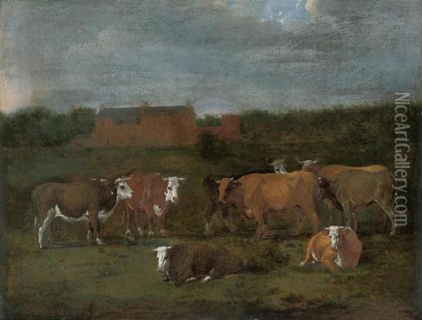 Cattle In A Landscape, A Country House Beyond Oil Painting - Adrian Van De Velde