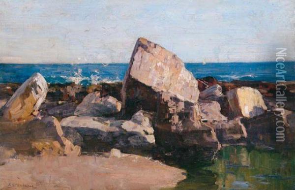 Rocks And Ocean 1921 Oil Painting - Arthur Ernest Streeton