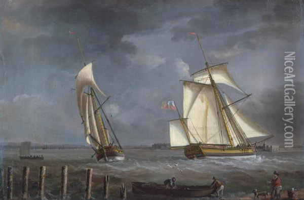 A Vessel In Two Positions Approaching Portsmouth Harbour Oil Painting - William Lieut. Elliott
