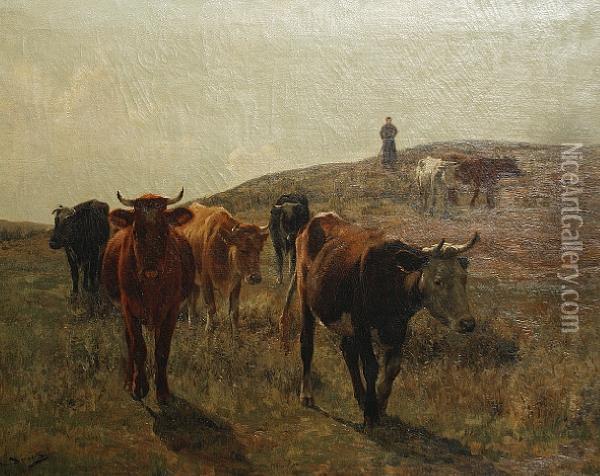 Cattle In A Landscape Oil Painting - Emile Van Damme-Sylva