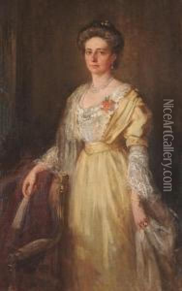 Portrait Of An Edwardian Lady, Three-quarter Length, Wearing An Elegant Yellow Dress. Oil Painting - Henry Wright Kerr