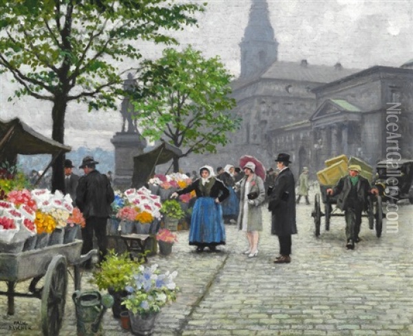 An Elegant Couple Buy Flowers At Hojbro Plads Oil Painting - Paul Fischer