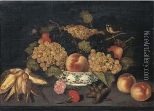 Pears, A Peach And Grapes With A
 Bluetit In A Porcelain Bowl On Aledge With Dead Finches, Carnation 
Heads, Seedheads, Andpeaches Oil Painting - Francesco Codino